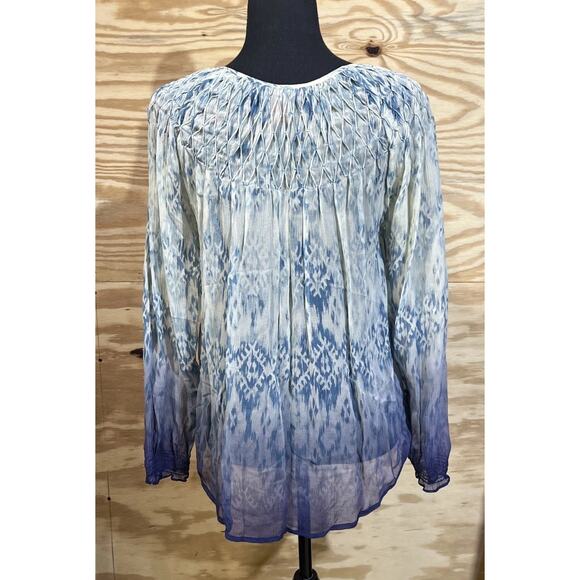 Sundance Silk Chiffon Smocked Semi-Sheer Top Blouse Geometric Ombré Size S Boho - Picture 3 of 12